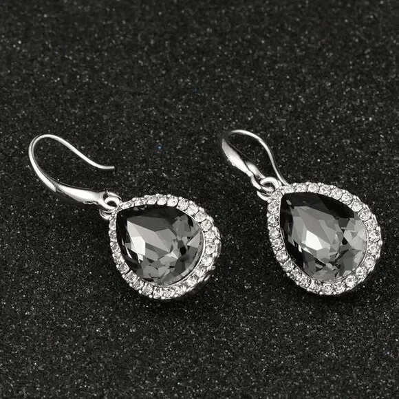 14K White Gold with Charcoal Gray Austrian Crystal Teardrop Halo Hook Earrings